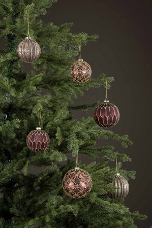 Julgranskula i glas, 4-pack, mörk gråbrun med glittrigt mönster-6144