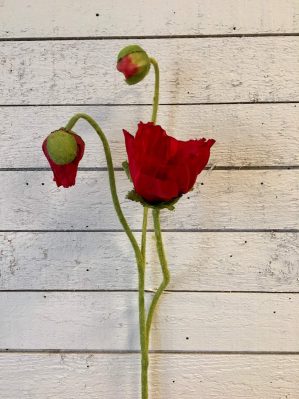 Vallmo, röd, konstgjord blomma, 60 cm. Vallmon har en utslagen blomma och två knoppar i olika utslagningsstadier. Naturtrogen och läcker röd vallmo som passar fint i buketter tillsammans med prästkrage och blåklint m.fl.
